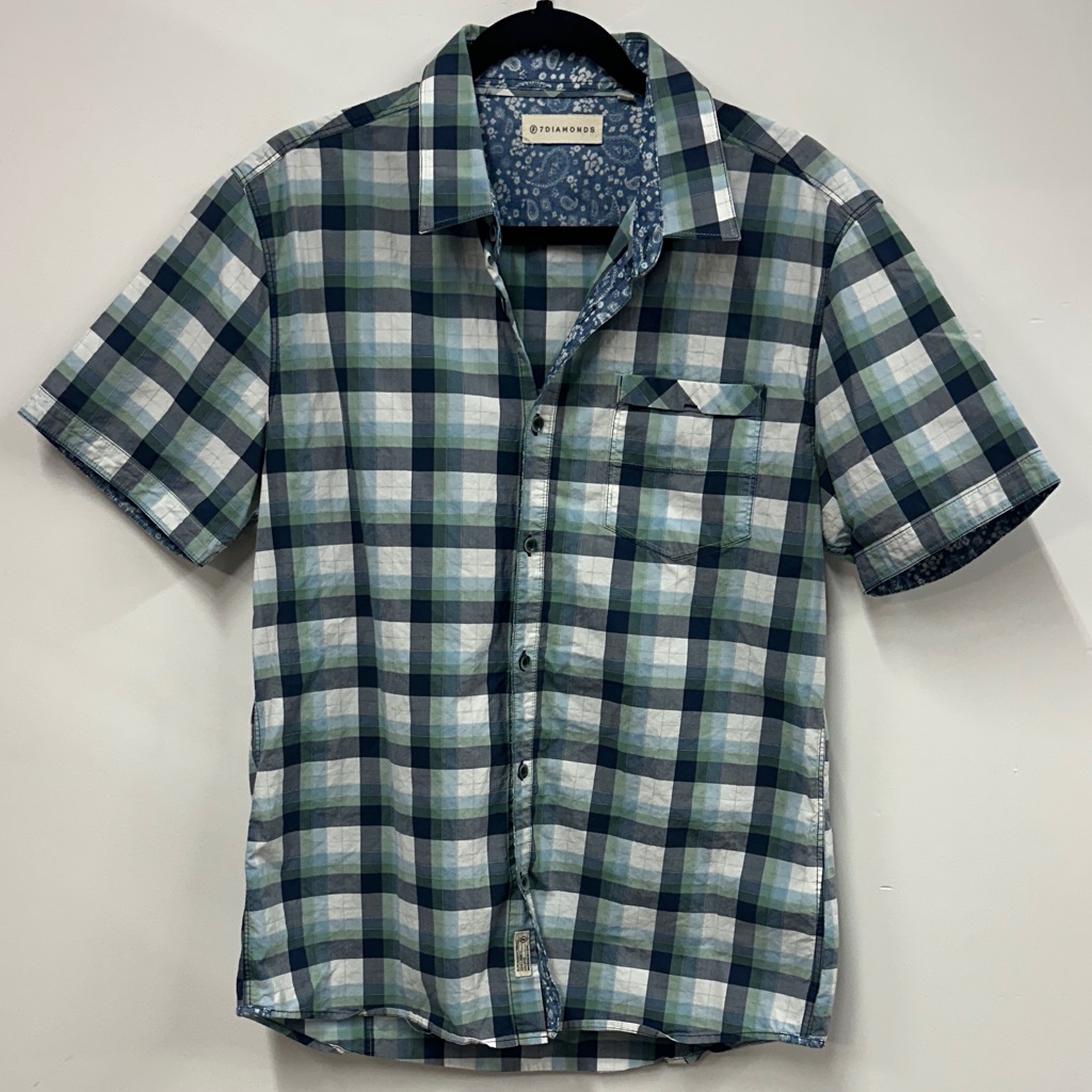 7 Diamonds Green And Blue Plaid Button-Down Shirt L